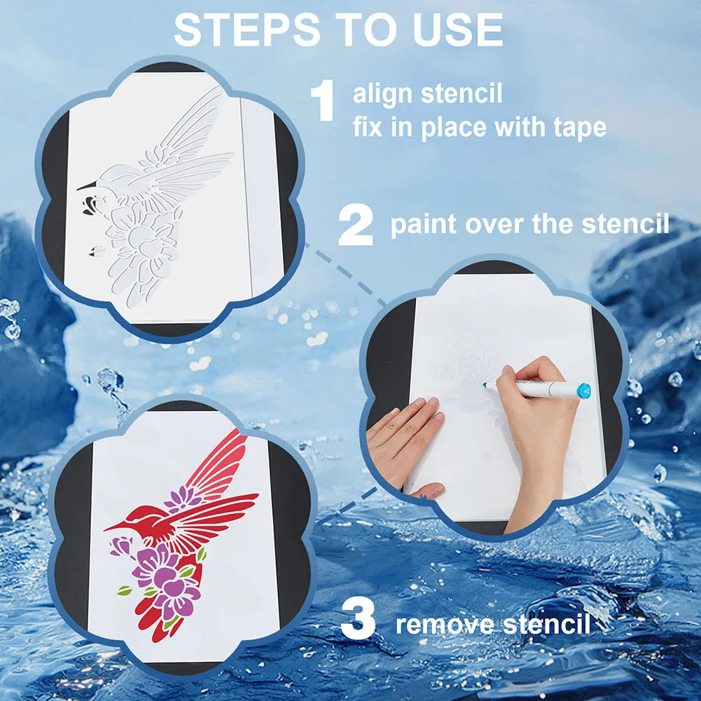 1 Set Ocean Theme PET Hollow Out Drawing Painting Stencils, with 1Pc Art Paint Brushes, for DIY Scrapbook, Photo Album, Starfish, 300x140mm, 12pcs/set