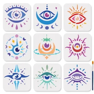 1 Set PET Hollow Out Drawing Painting Stencils, with 1Pc Art Paint Brushes, for DIY Scrapbook, Photo Album, Eye, 150x150mm, 9pcs/set
