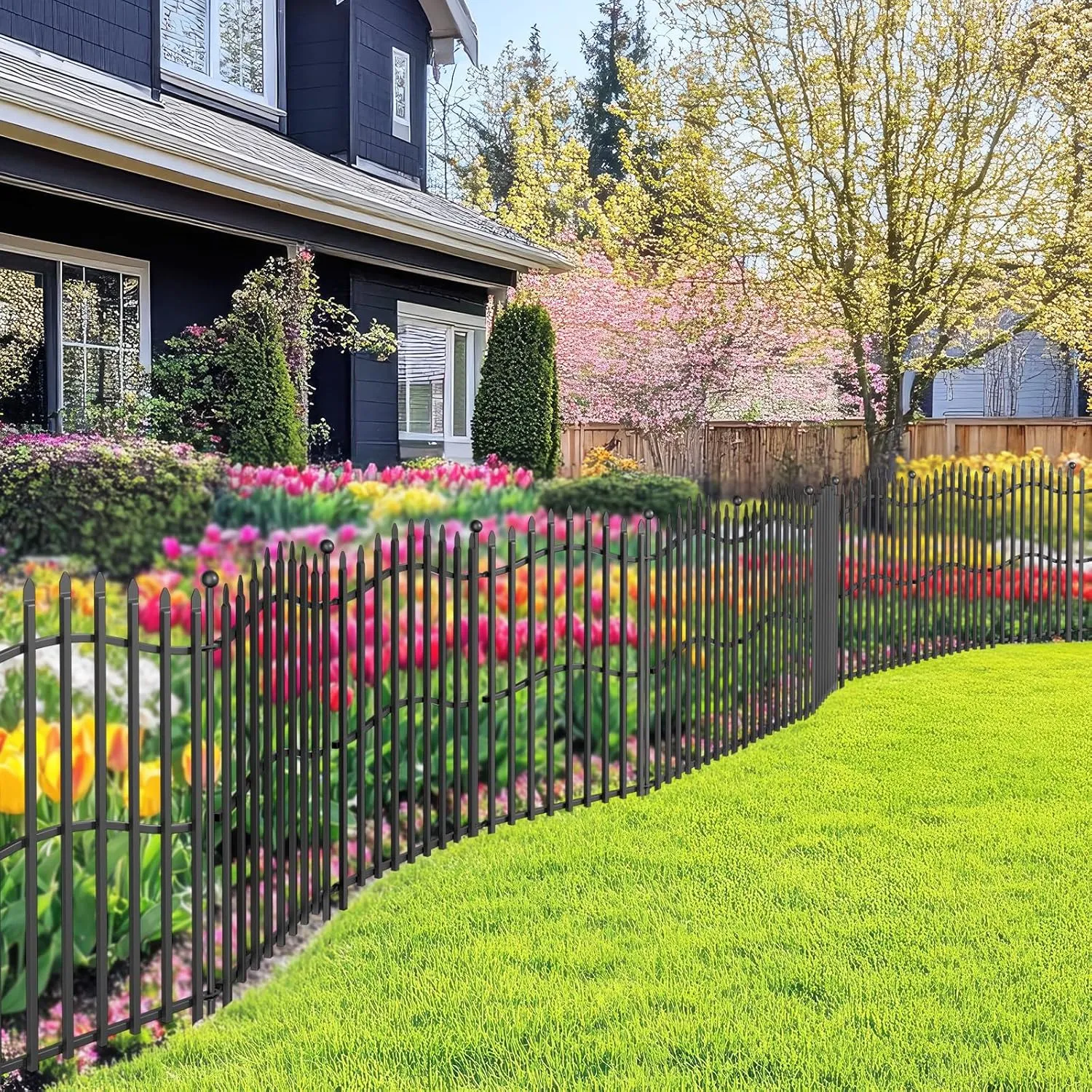 10 Panels No Dig Decorative Garden Fence - 32in H x 22.5ft L, Tall Heavy-Duty Square Tube Animal Barrier, Rustproof Metal Border Fencing for Yard, Outdoor Dog Playpen & Flower Beds