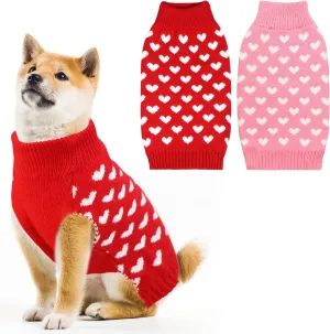 2 Pack Valentines Day Dog Sweater, Dog Valentines Outfit Clothes Knitted Heart Sweaters for Small Medium Large Dogs Pets (Red Heart & Pink Heart, XL)
