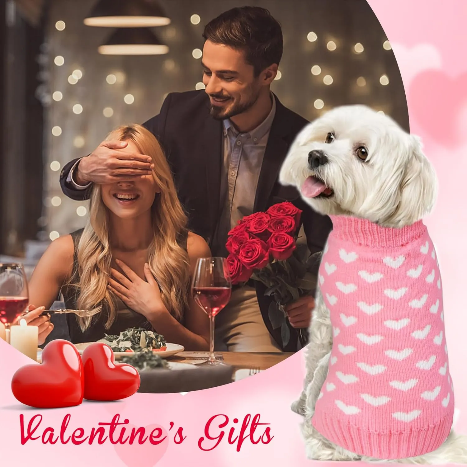 2 Pack Valentines Day Dog Sweater, Dog Valentines Outfit Clothes Knitted Heart Sweaters for Small Medium Large Dogs Pets (Red Heart & Pink Heart, XL)