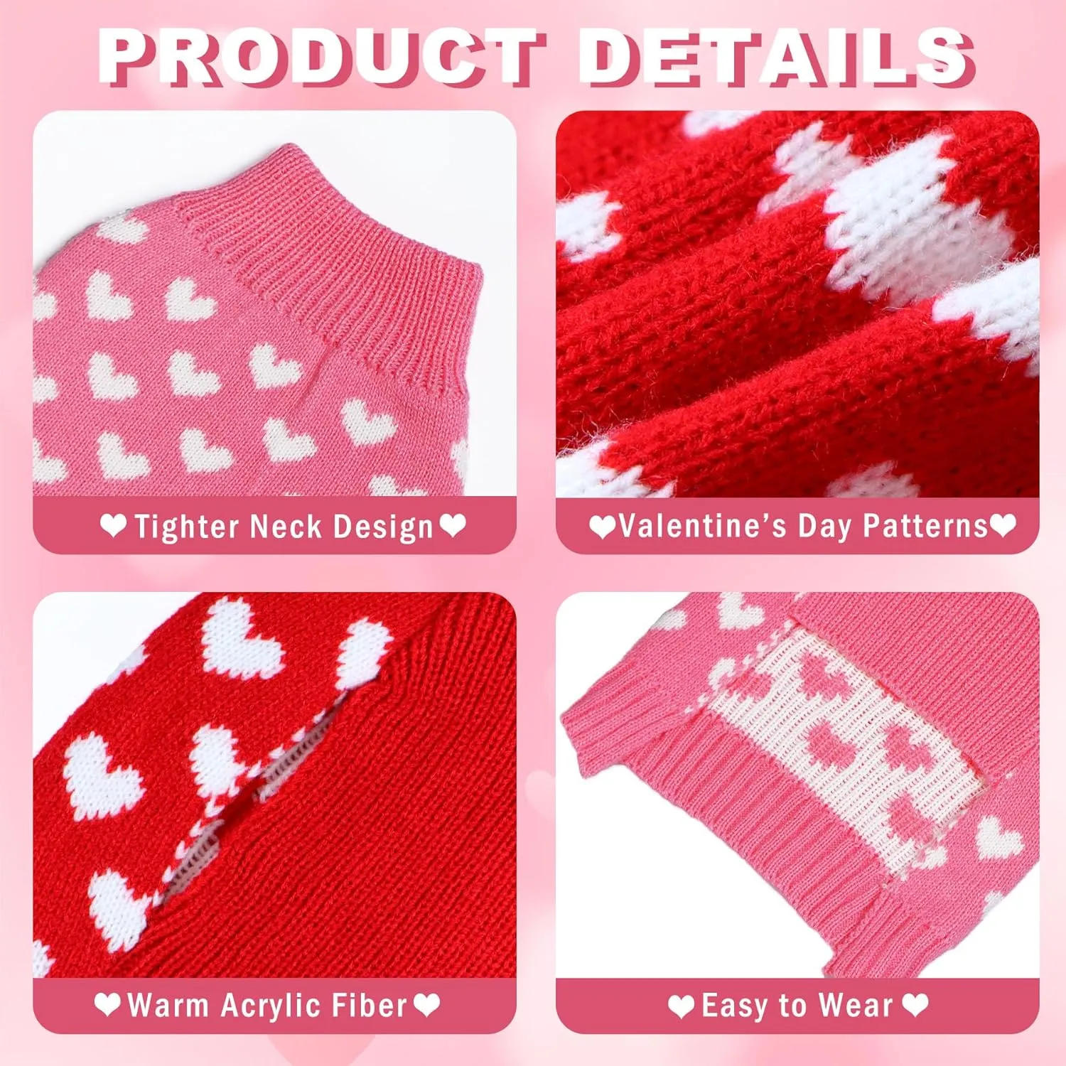 2 Pack Valentines Day Dog Sweater, Dog Valentines Outfit Clothes Knitted Heart Sweaters for Small Medium Large Dogs Pets (Red Heart & Pink Heart, XL)