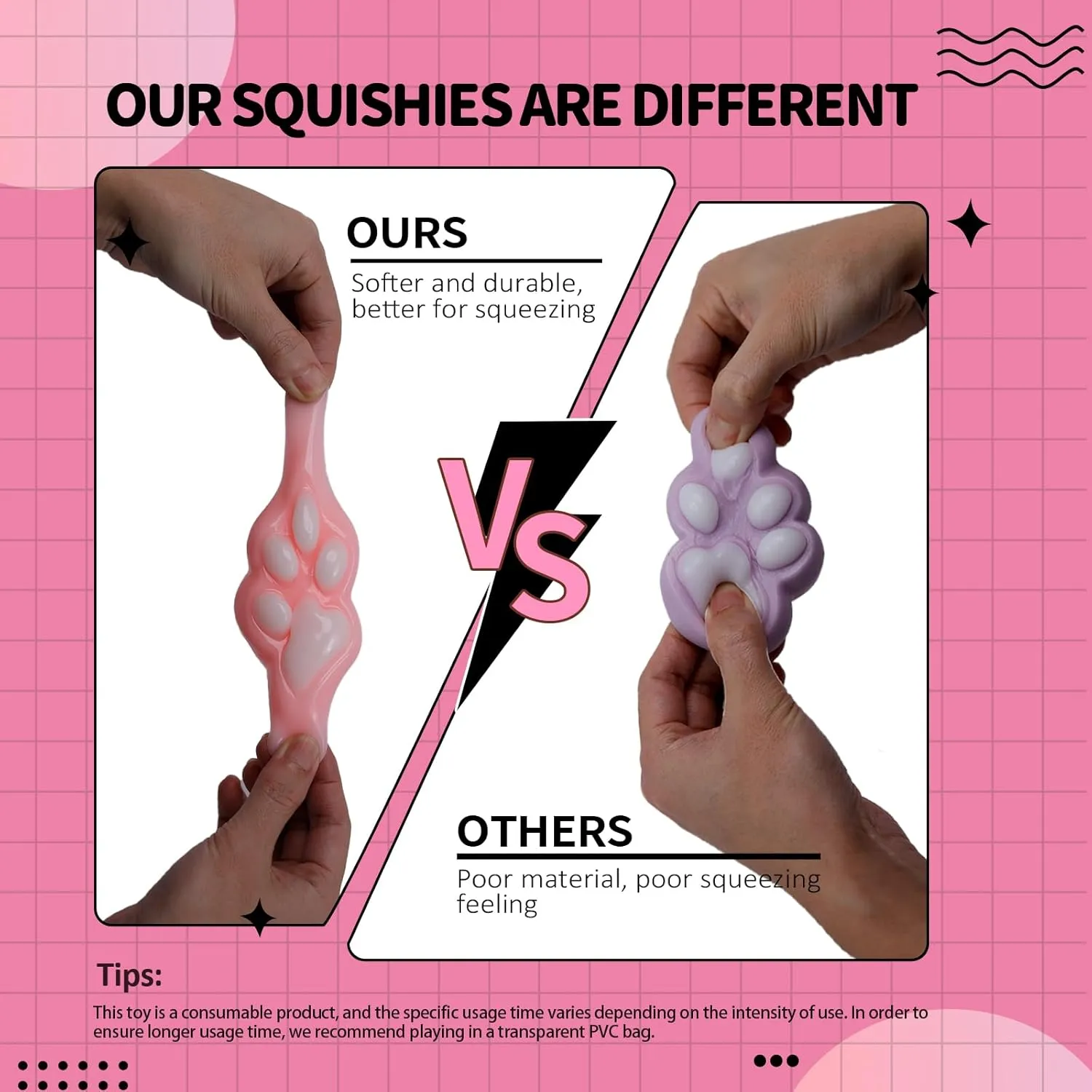2 Pcs Taba Squishy Cat Paw Toy Handmade, Kawaii FuFu Squishies, Sticky YoYo, Jelly Kitty Paw Squeeze Toys, Pinch Family Funny Fidget Toys Novelty Things for Anxiety, Kids - Purple & White