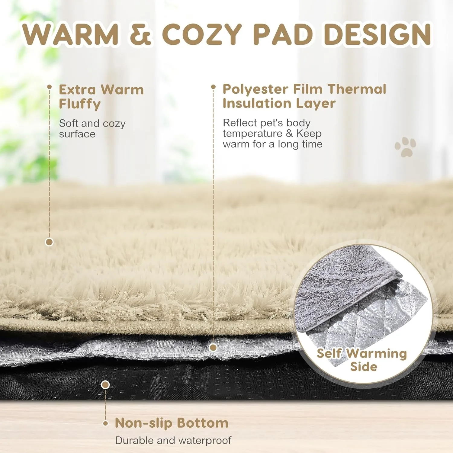 4 Pack Self Warming Cat Bed Pad Self Heating Dog Mat with Fluffy Faux Fur Plush Cat Calming Bed Thermal Mat Washable Pet Pad Anti Slip Bottom for Outdoor Indoor Pets(Camel,16" X 20")