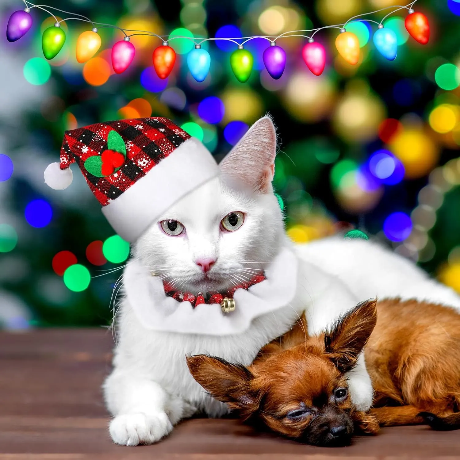 4 Pieces Christmas Cat Costumes Set Cat Santa Hats with Scarf and Collar Xmas Outfit for Cats Small Dogs Puppy Tiny Pets Christmas Muffler Head Wear Accessories(Red Black, Green Black,Plaid Pattern)