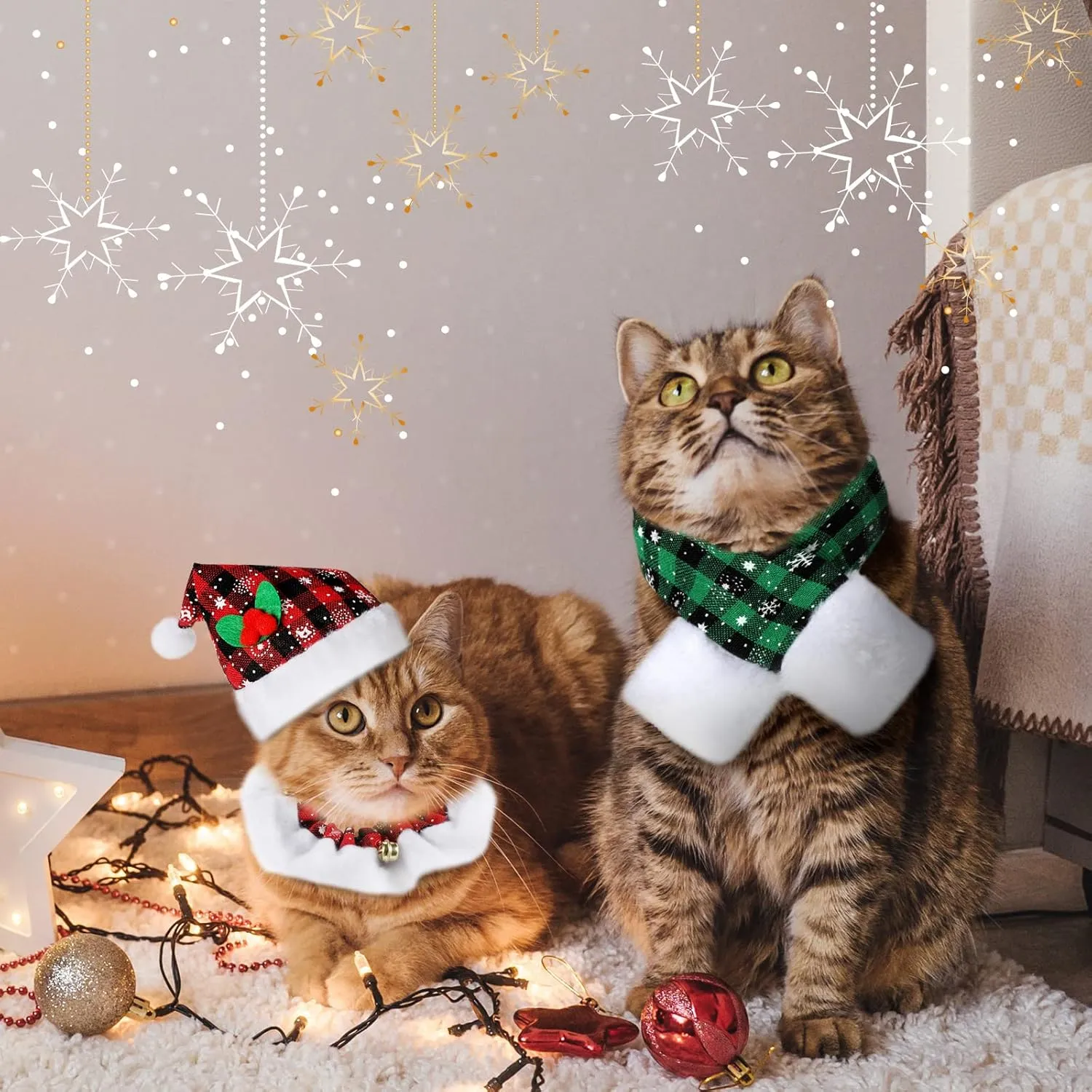 4 Pieces Christmas Cat Costumes Set Cat Santa Hats with Scarf and Collar Xmas Outfit for Cats Small Dogs Puppy Tiny Pets Christmas Muffler Head Wear Accessories(Red Black, Green Black,Plaid Pattern)