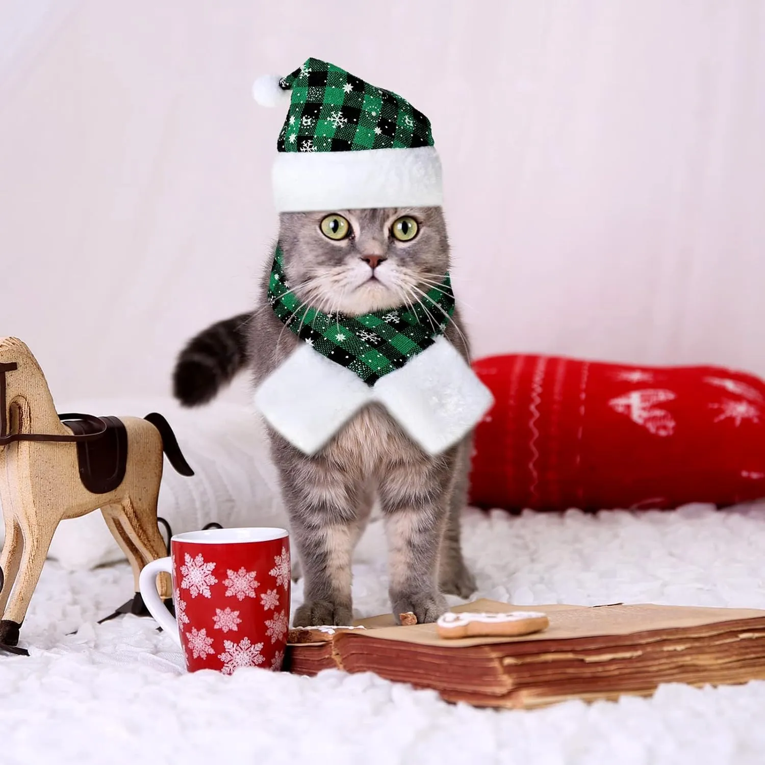 4 Pieces Christmas Cat Costumes Set Cat Santa Hats with Scarf and Collar Xmas Outfit for Cats Small Dogs Puppy Tiny Pets Christmas Muffler Head Wear Accessories(Red Black, Green Black,Plaid Pattern)