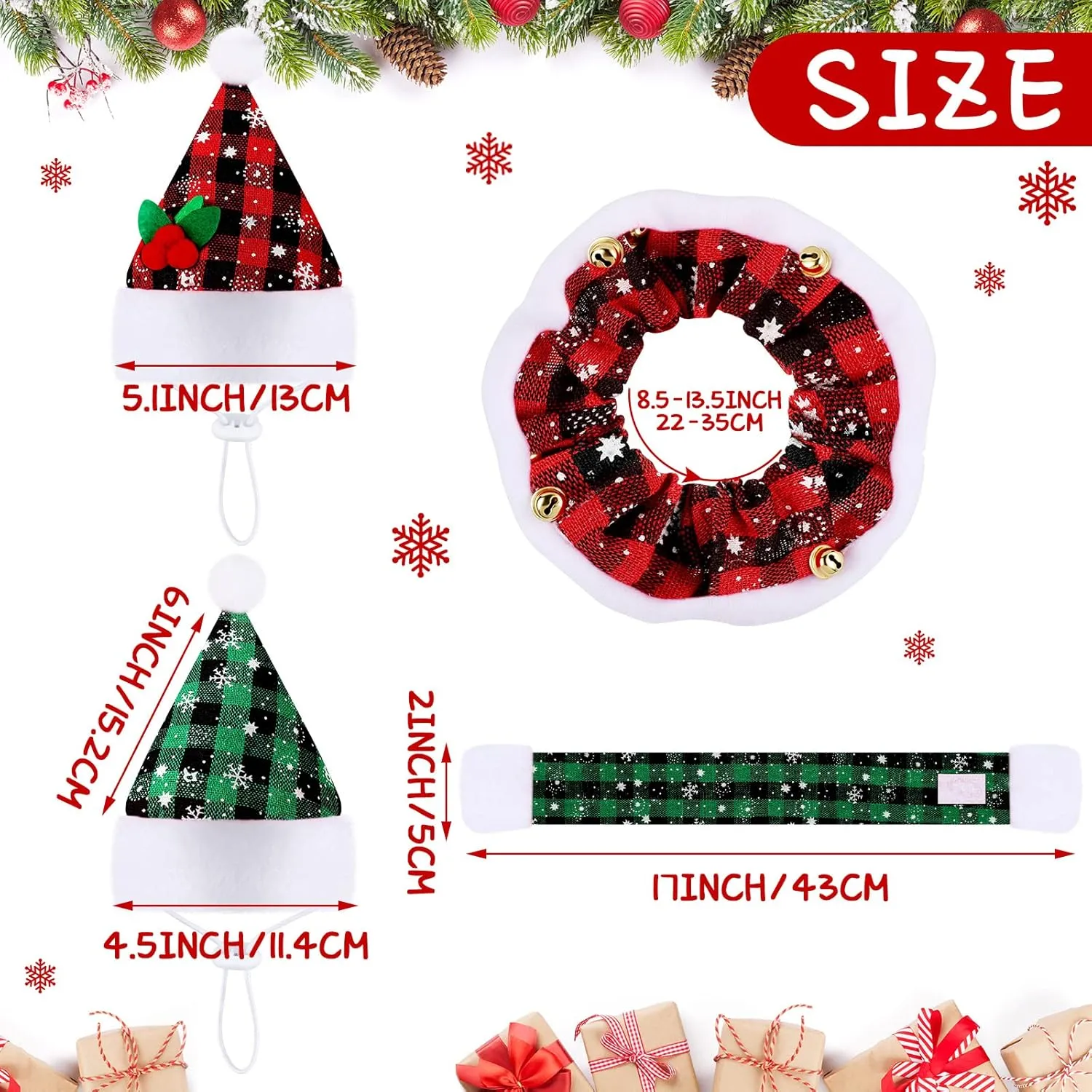 4 Pieces Christmas Cat Costumes Set Cat Santa Hats with Scarf and Collar Xmas Outfit for Cats Small Dogs Puppy Tiny Pets Christmas Muffler Head Wear Accessories(Red Black, Green Black,Plaid Pattern)