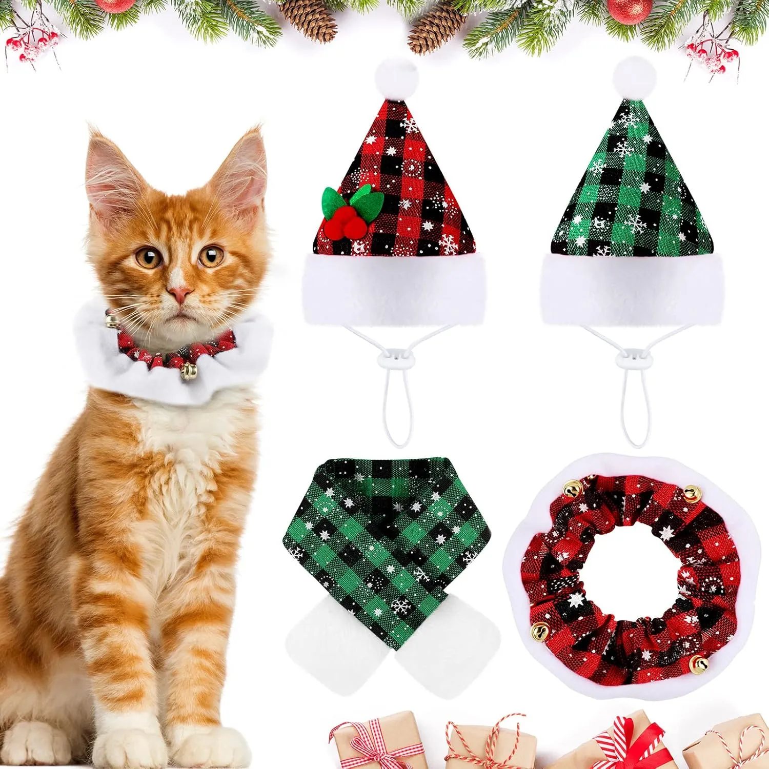 4 Pieces Christmas Cat Costumes Set Cat Santa Hats with Scarf and Collar Xmas Outfit for Cats Small Dogs Puppy Tiny Pets Christmas Muffler Head Wear Accessories(Red Black, Green Black,Plaid Pattern)