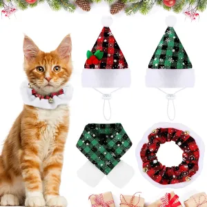 4 Pieces Christmas Cat Costumes Set Cat Santa Hats with Scarf and Collar Xmas Outfit for Cats Small Dogs Puppy Tiny Pets Christmas Muffler Head Wear Accessories(Red Black, Green Black,Plaid Pattern)