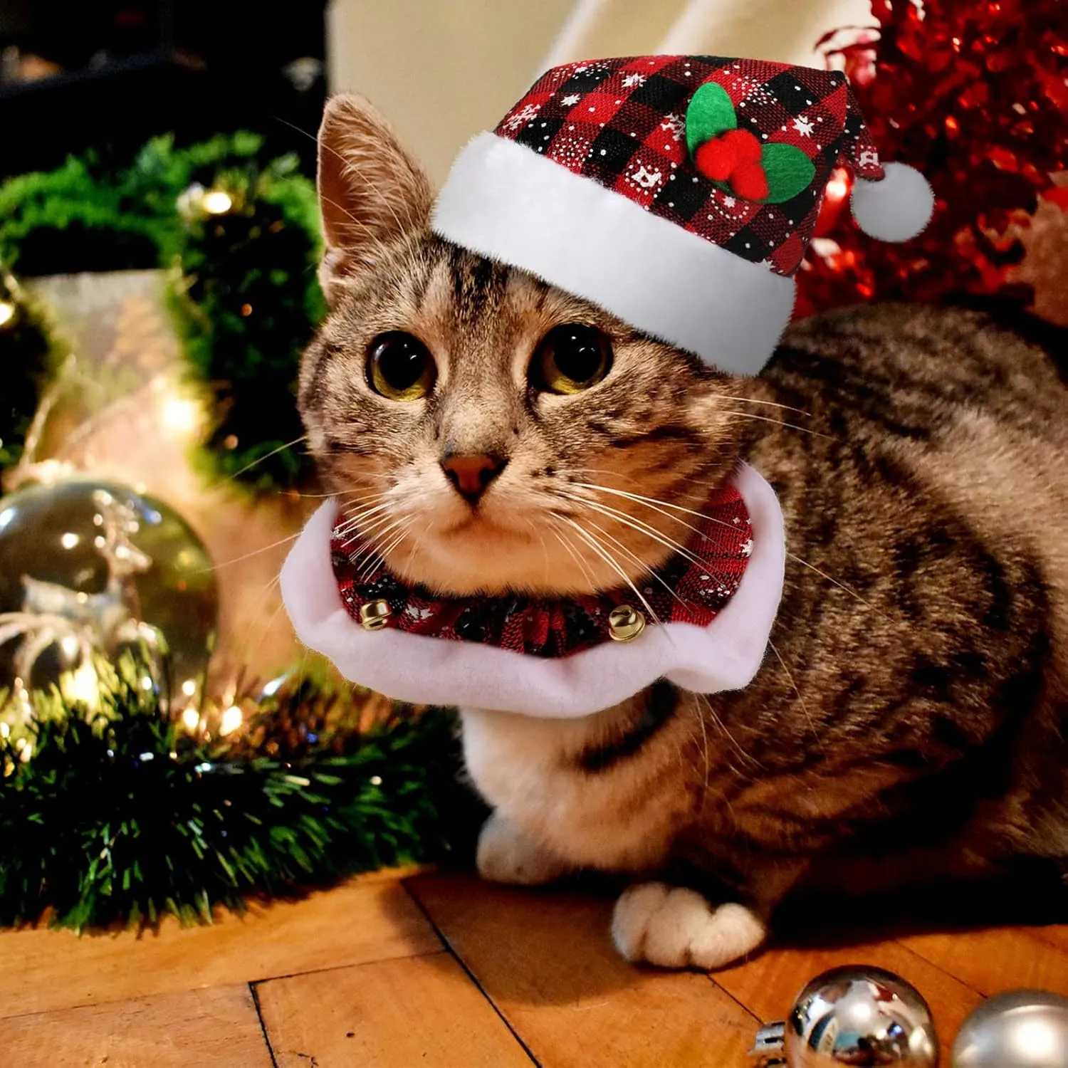 4 Pieces Christmas Cat Costumes Set Cat Santa Hats with Scarf and Collar Xmas Outfit for Cats Small Dogs Puppy Tiny Pets Christmas Muffler Head Wear Accessories(Red Black, Green Black,Plaid Pattern)