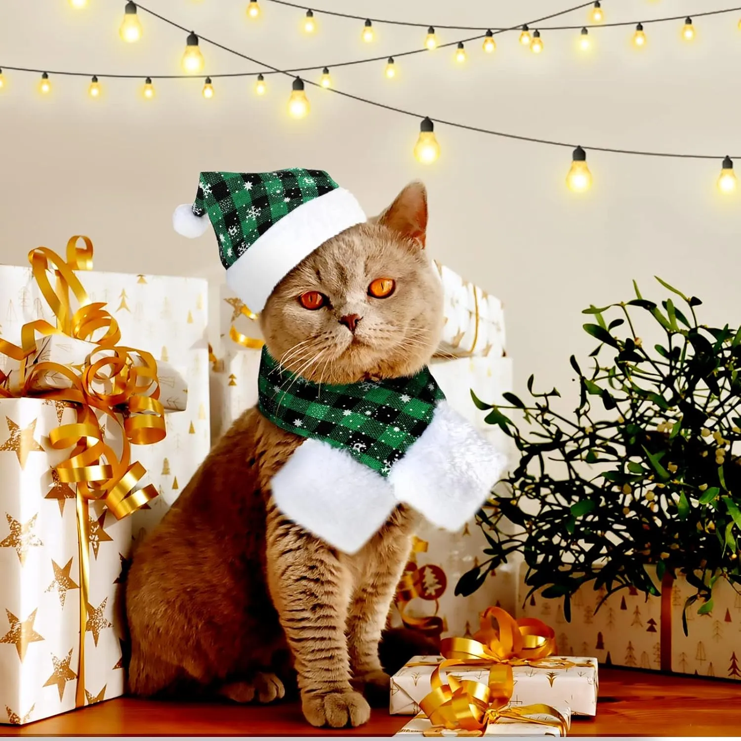 4 Pieces Christmas Cat Costumes Set Cat Santa Hats with Scarf and Collar Xmas Outfit for Cats Small Dogs Puppy Tiny Pets Christmas Muffler Head Wear Accessories(Red Black, Green Black,Plaid Pattern)