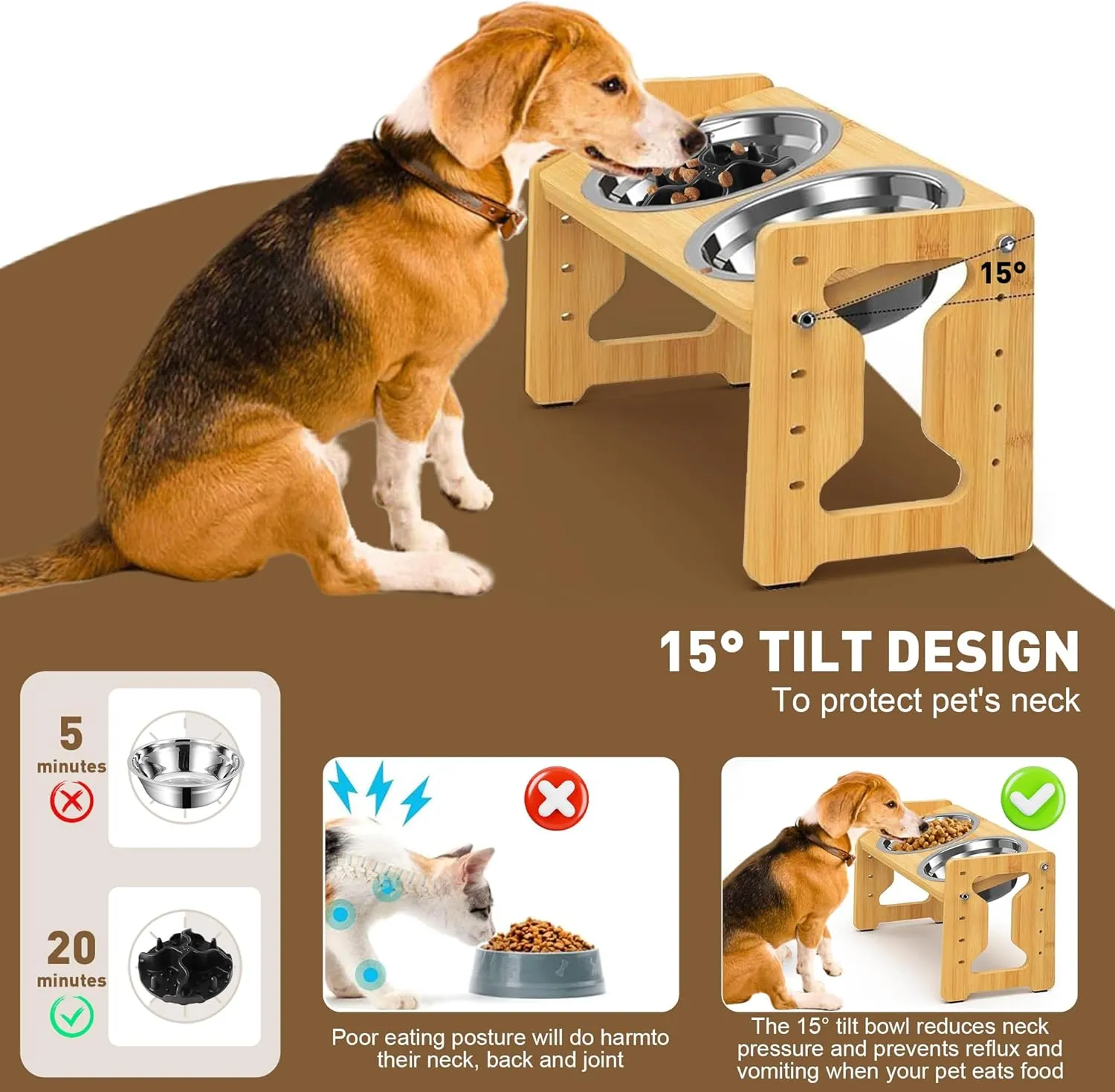 Adjustable Elevated Raised Bowls  Non-Slip Feeder, Natural Bamboo Stand with 2 Stainless Steel Food Bowls & 1 Slow Feeder for Small to Medium Size Dogs