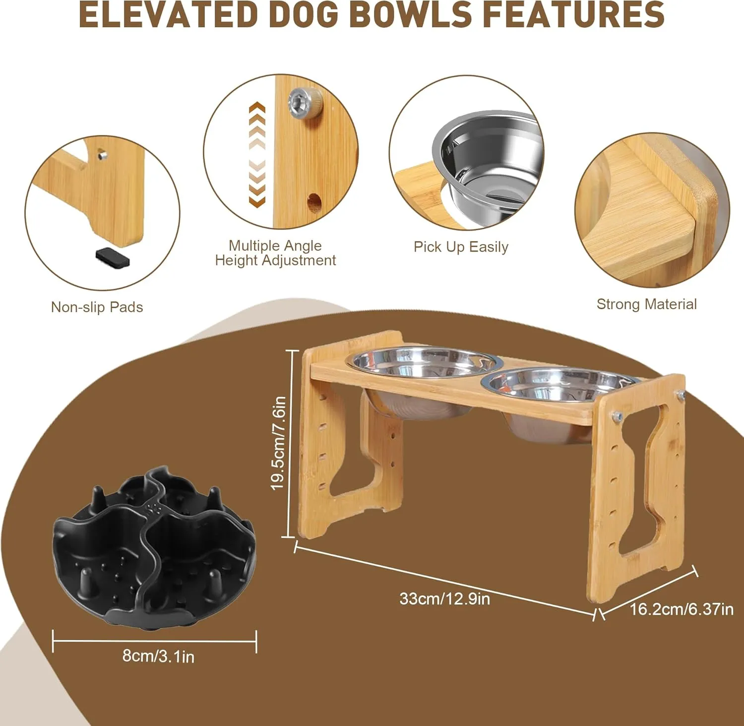 Adjustable Elevated Raised Bowls  Non-Slip Feeder, Natural Bamboo Stand with 2 Stainless Steel Food Bowls & 1 Slow Feeder for Small to Medium Size Dogs