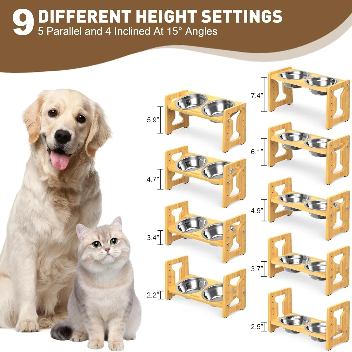 Adjustable Elevated Raised Bowls  Non-Slip Feeder, Natural Bamboo Stand with 2 Stainless Steel Food Bowls & 1 Slow Feeder for Small to Medium Size Dogs