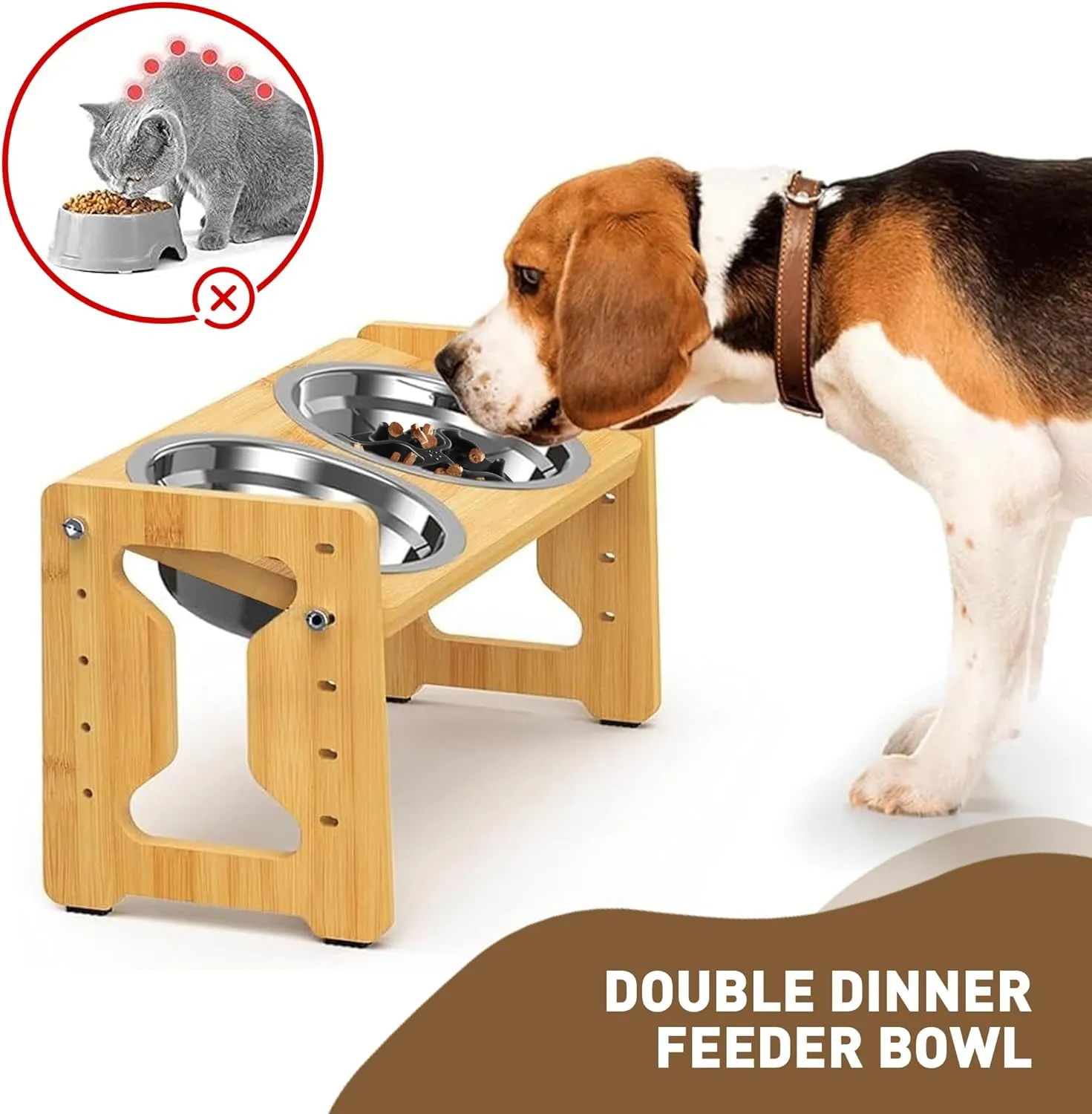 Adjustable Elevated Raised Bowls  Non-Slip Feeder, Natural Bamboo Stand with 2 Stainless Steel Food Bowls & 1 Slow Feeder for Small to Medium Size Dogs