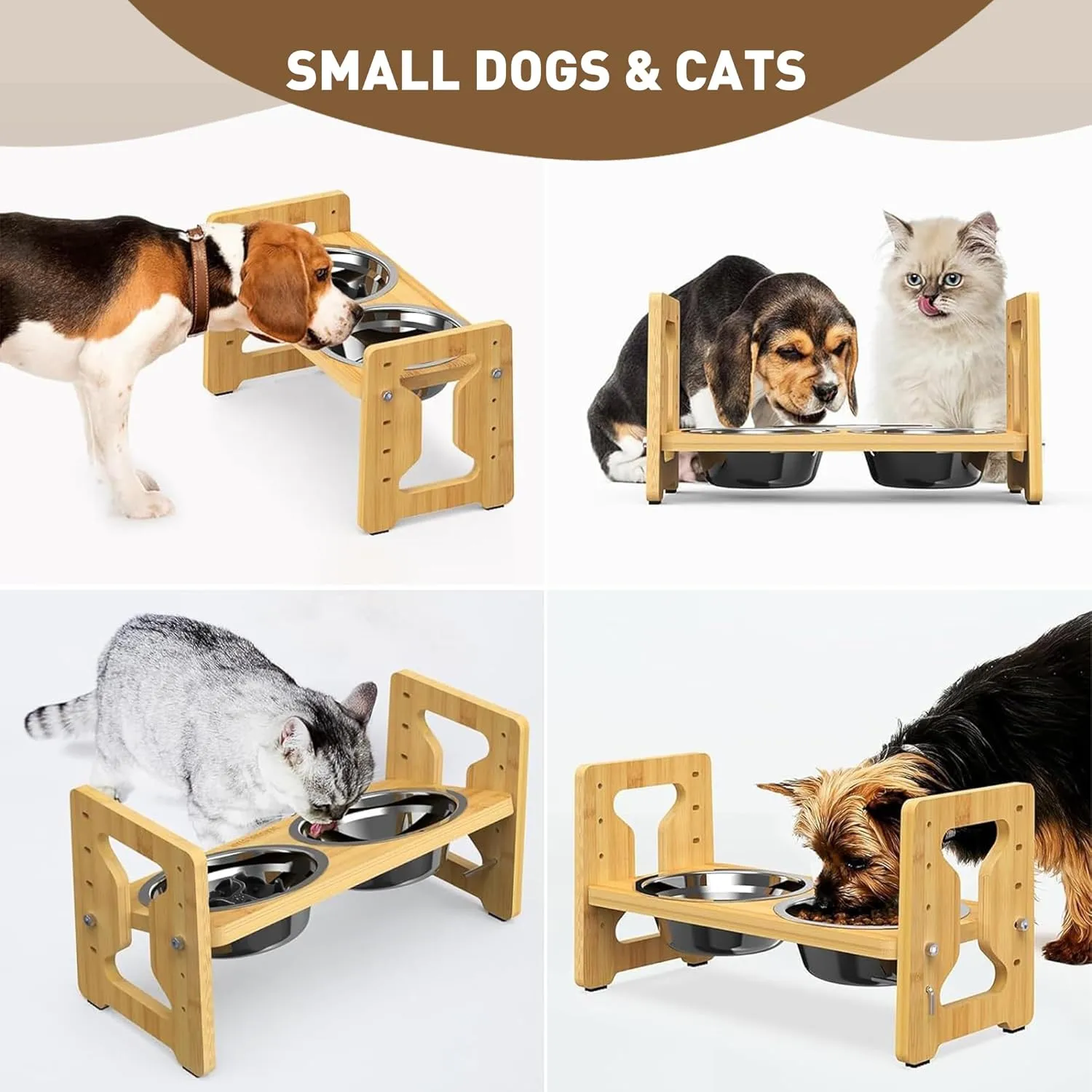 Adjustable Elevated Raised Bowls  Non-Slip Feeder, Natural Bamboo Stand with 2 Stainless Steel Food Bowls & 1 Slow Feeder for Small to Medium Size Dogs