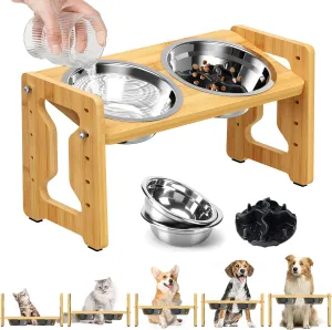 Adjustable Elevated Raised Bowls  Non-Slip Feeder, Natural Bamboo Stand with 2 Stainless Steel Food Bowls & 1 Slow Feeder for Small to Medium Size Dogs
