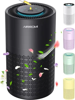 AIRROMI Air Purifier for Bedroom with HEPA 3-in-1 Filter, Pet Air Purifier for Home Cat Pee Smell, Covers Upto 990 Ft, Quiet 360intake Air Cleaner for pet hair,allergies,Dust,Smoke A2001 Black