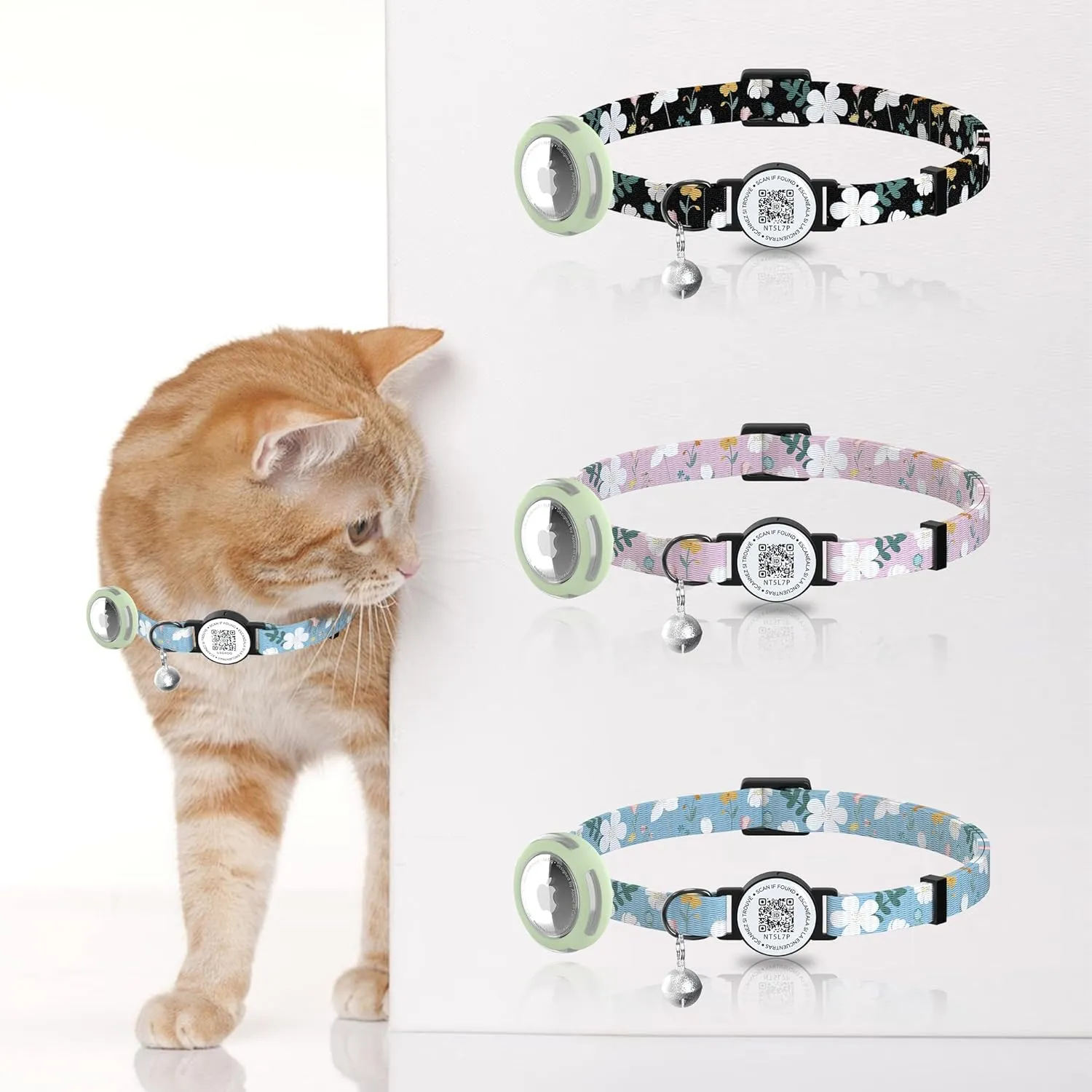 Airtag Cat Collar, Breakaway Safety Collar with Bells, QR Code Tag, Luminous Holder, Adjustable,Lightweight (Blue)