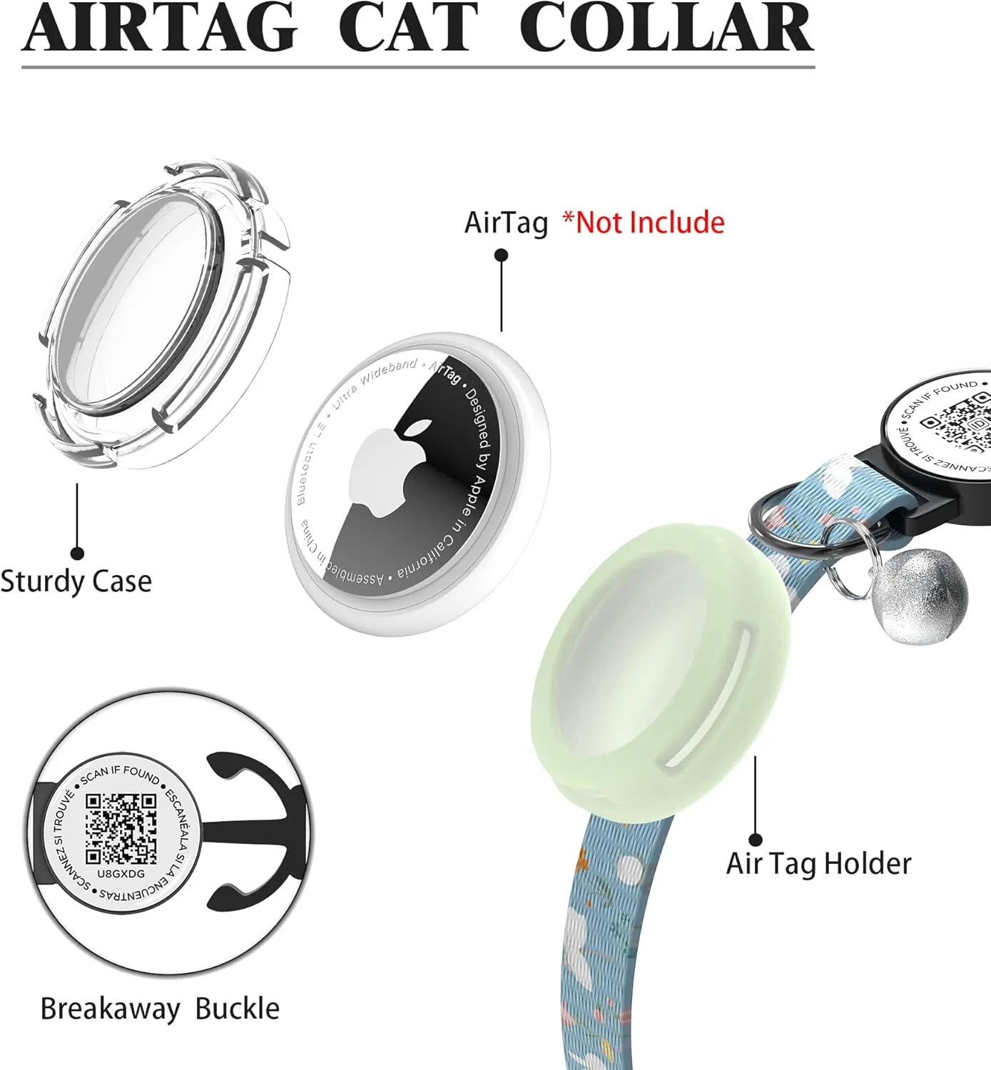 Airtag Cat Collar, Breakaway Safety Collar with Bells, QR Code Tag, Luminous Holder, Adjustable,Lightweight (Blue)