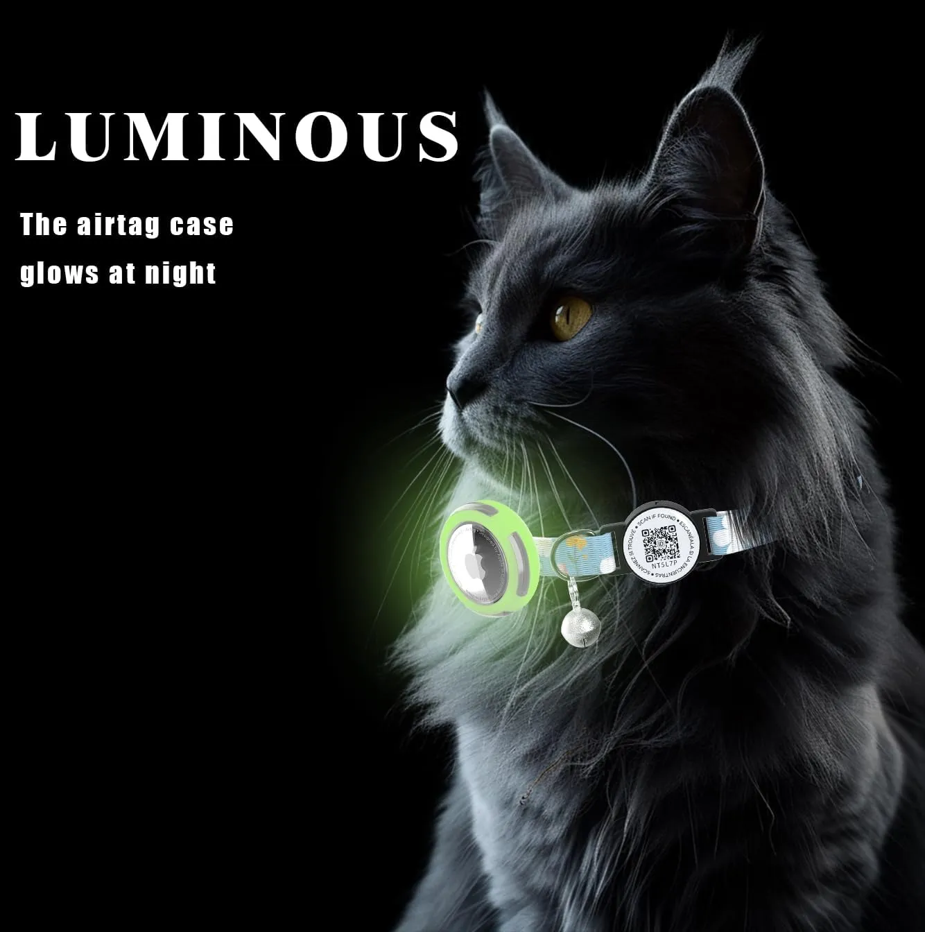 Airtag Cat Collar, Breakaway Safety Collar with Bells, QR Code Tag, Luminous Holder, Adjustable,Lightweight (Blue)