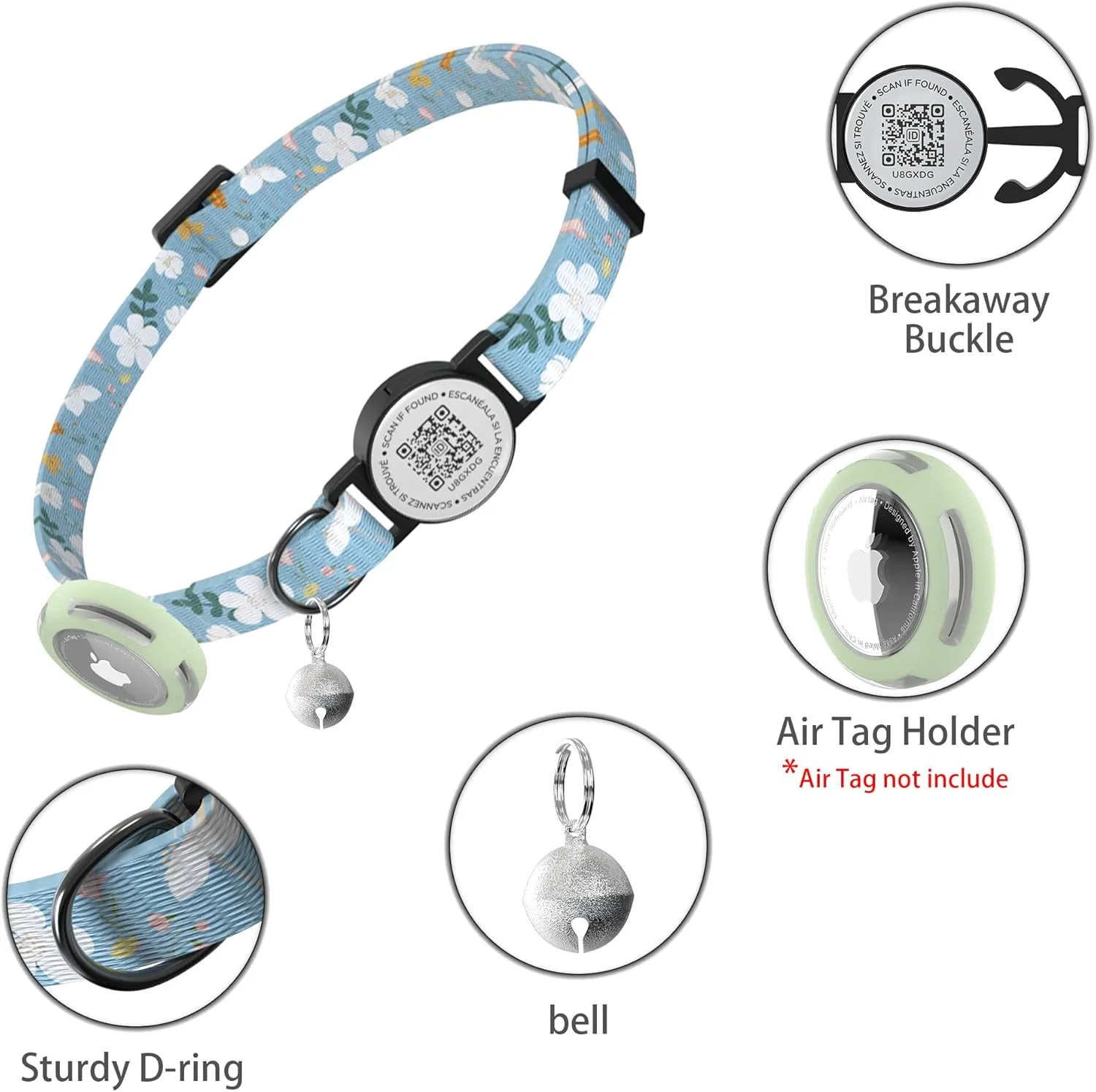 Airtag Cat Collar, Breakaway Safety Collar with Bells, QR Code Tag, Luminous Holder, Adjustable,Lightweight (Blue)