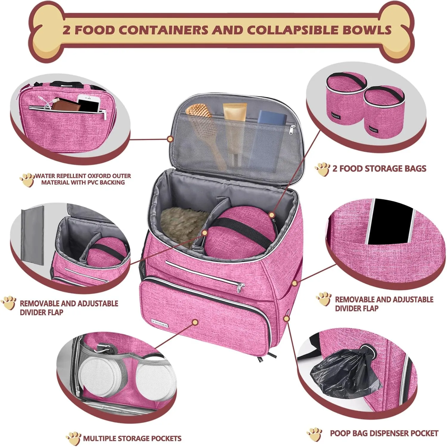 BAGLHERDog Travel Bag Backpack, Airline Approved Pet Supplies Backpack, Dog Travel Backpack with 2 Silicone Collapsible Bowls and 2 Food Baskets Pink