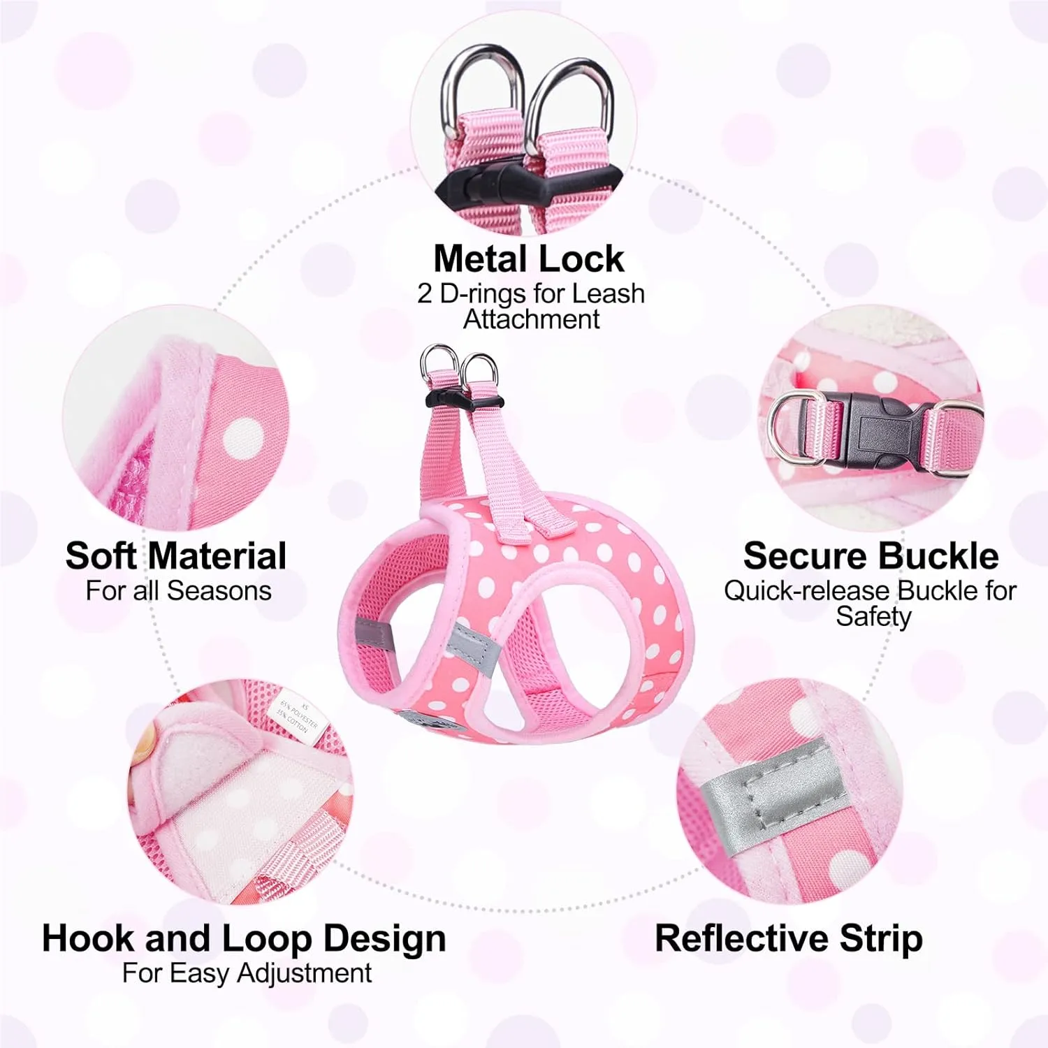 BEAUTYZOO Step in Dog Harness and Leash Set, Polka Dot Pattern Reflective Dog Harness No Pull No Choke Puppy Harness for XXS XS S Dogs Cats, Soft Padded Mesh Vest Harnesses for Girl and Boy Pets