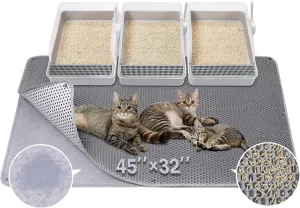 BurgeonNest 45"x32" Extra Large Cat Litter Mat, Honeycomb Double Layer Kitty Litter Trapping Mat, Urine Proof & Waterproof, Easy Clean, Machine Washable, Non-Slip, Scatter Control