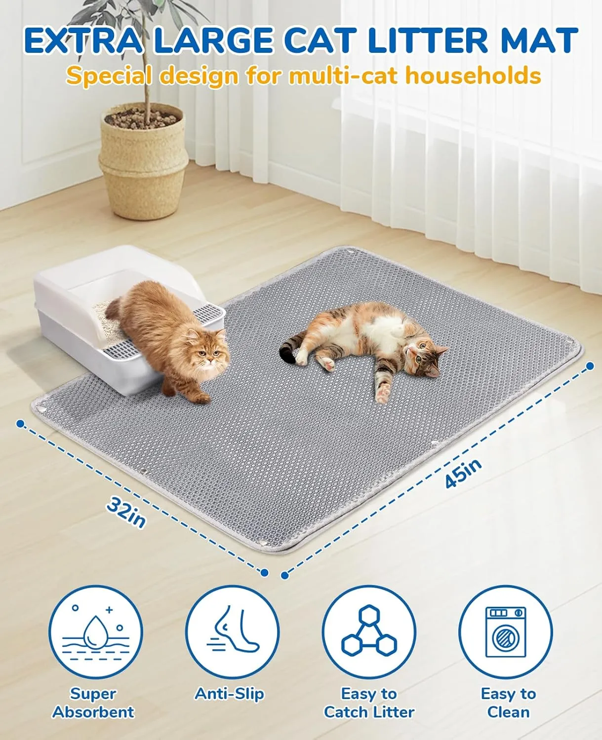 BurgeonNest 45"x32" Extra Large Cat Litter Mat, Honeycomb Double Layer Kitty Litter Trapping Mat, Urine Proof & Waterproof, Easy Clean, Machine Washable, Non-Slip, Scatter Control