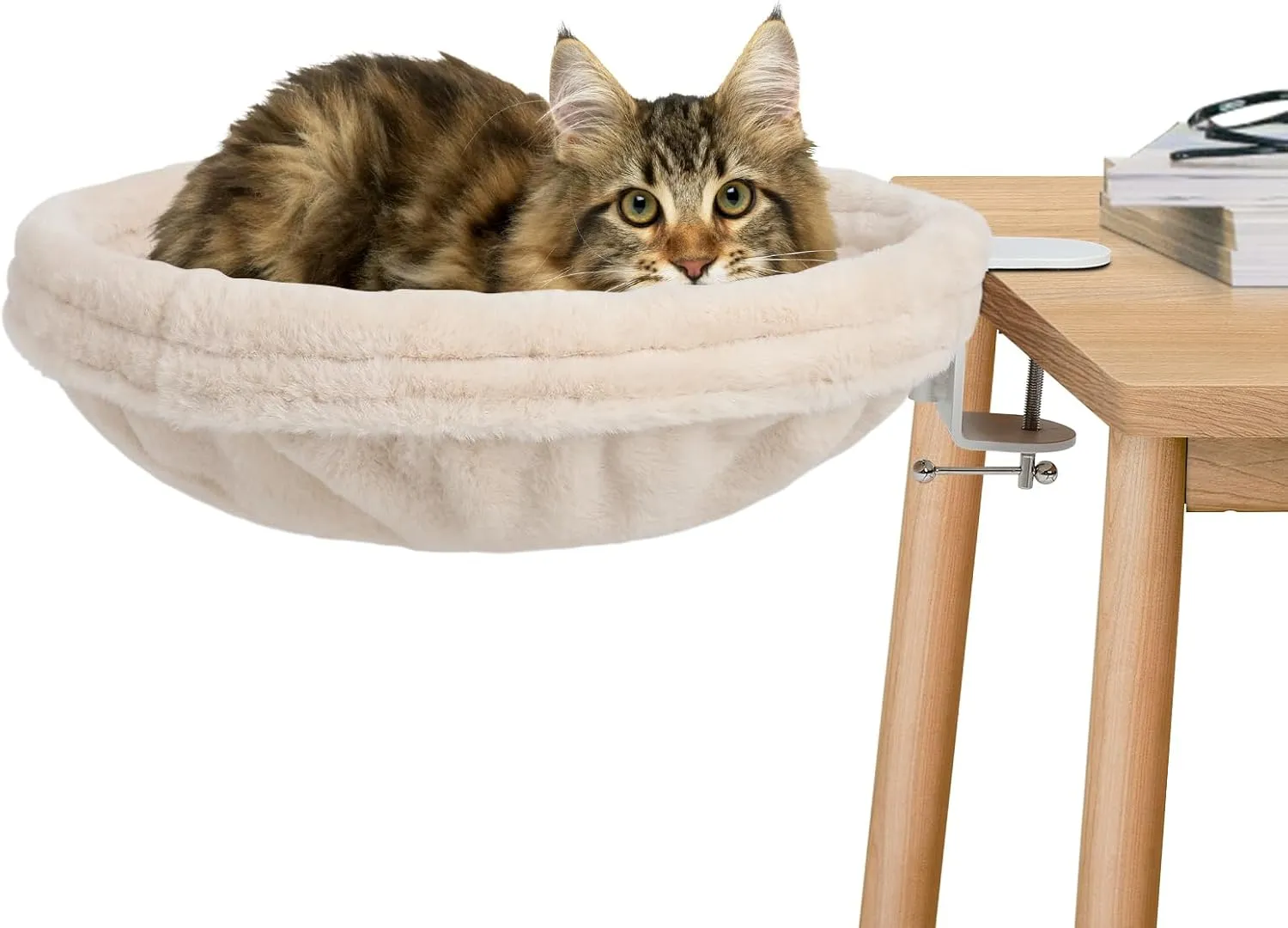 Cat Desk Bed, Round Cat Bed for DeskAdjustable Steel Frame, Indoor Desk Perch for Cat up to 25 lbs, Unique and Modern Cat FurnitureCream