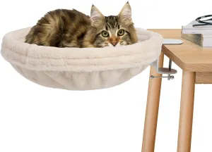 Cat Desk Bed, Round Cat Bed for DeskAdjustable Steel Frame, Indoor Desk Perch for Cat up to 25 lbs, Unique and Modern Cat FurnitureCream
