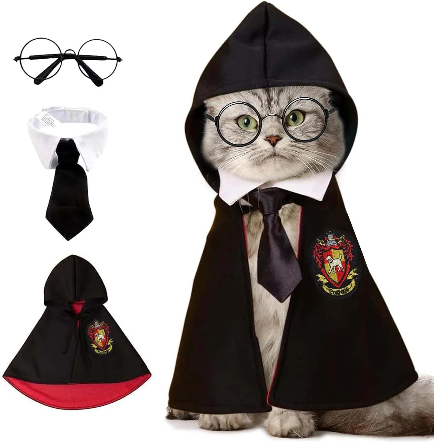 Cat Halloween Costume - Pet Wizard Costumes Mantle Magician Cosplay Clothes with Bowtie & Glasses Set, Festival Party Apparel for Small Pets Cats Dogs