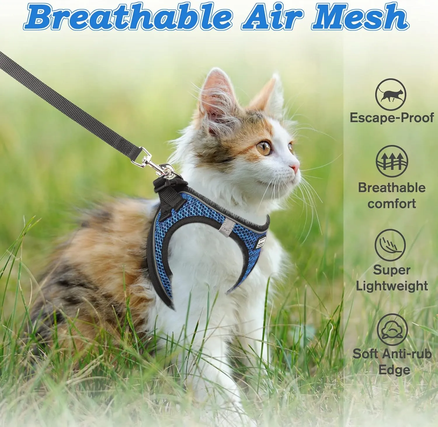 Cat Harness and Leash for Walking Escape Proof, Adjustable Kitten Vest Harness Reflective Soft Mesh Puppy Harness for Outdoor, Comfort Fit, Easy to Control (Blue, S)