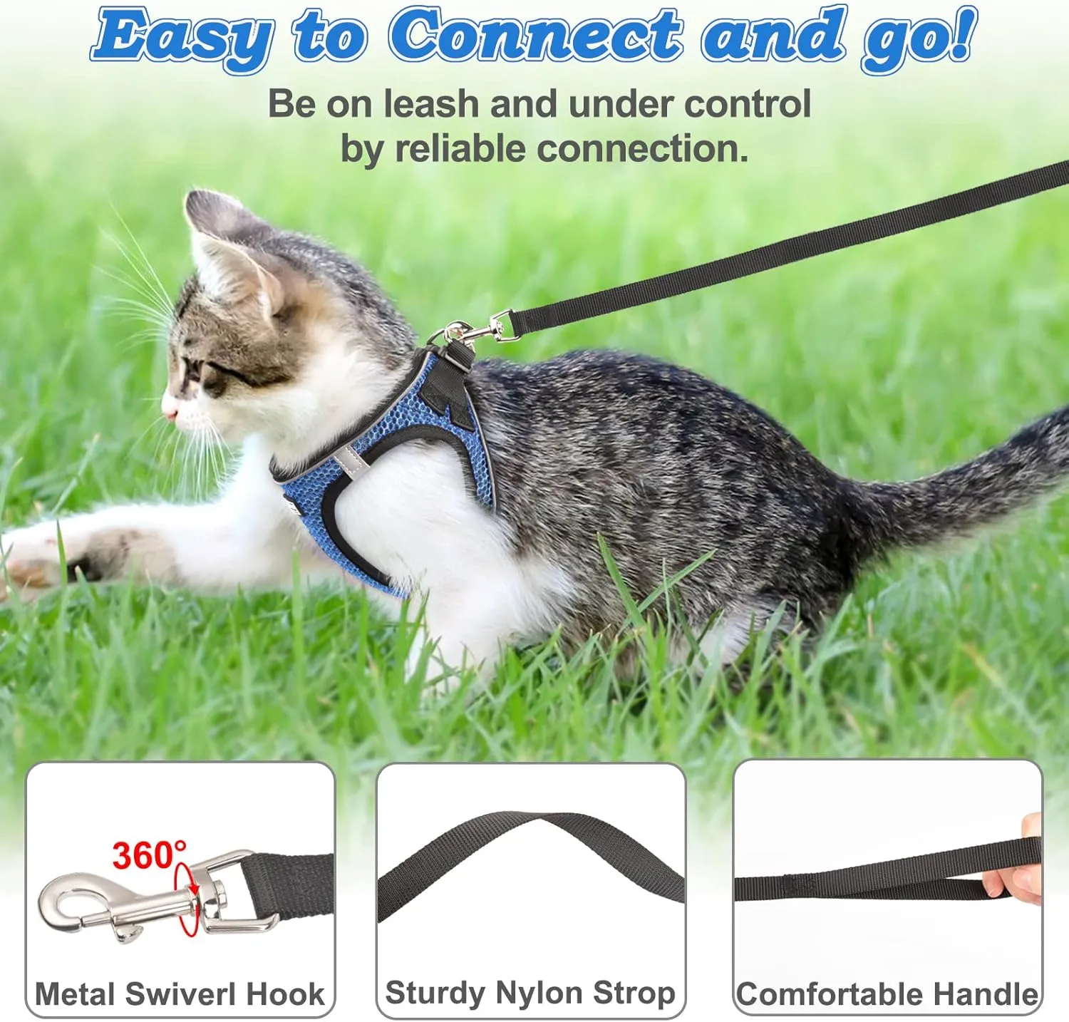 Cat Harness and Leash for Walking Escape Proof, Adjustable Kitten Vest Harness Reflective Soft Mesh Puppy Harness for Outdoor, Comfort Fit, Easy to Control (Blue, S)