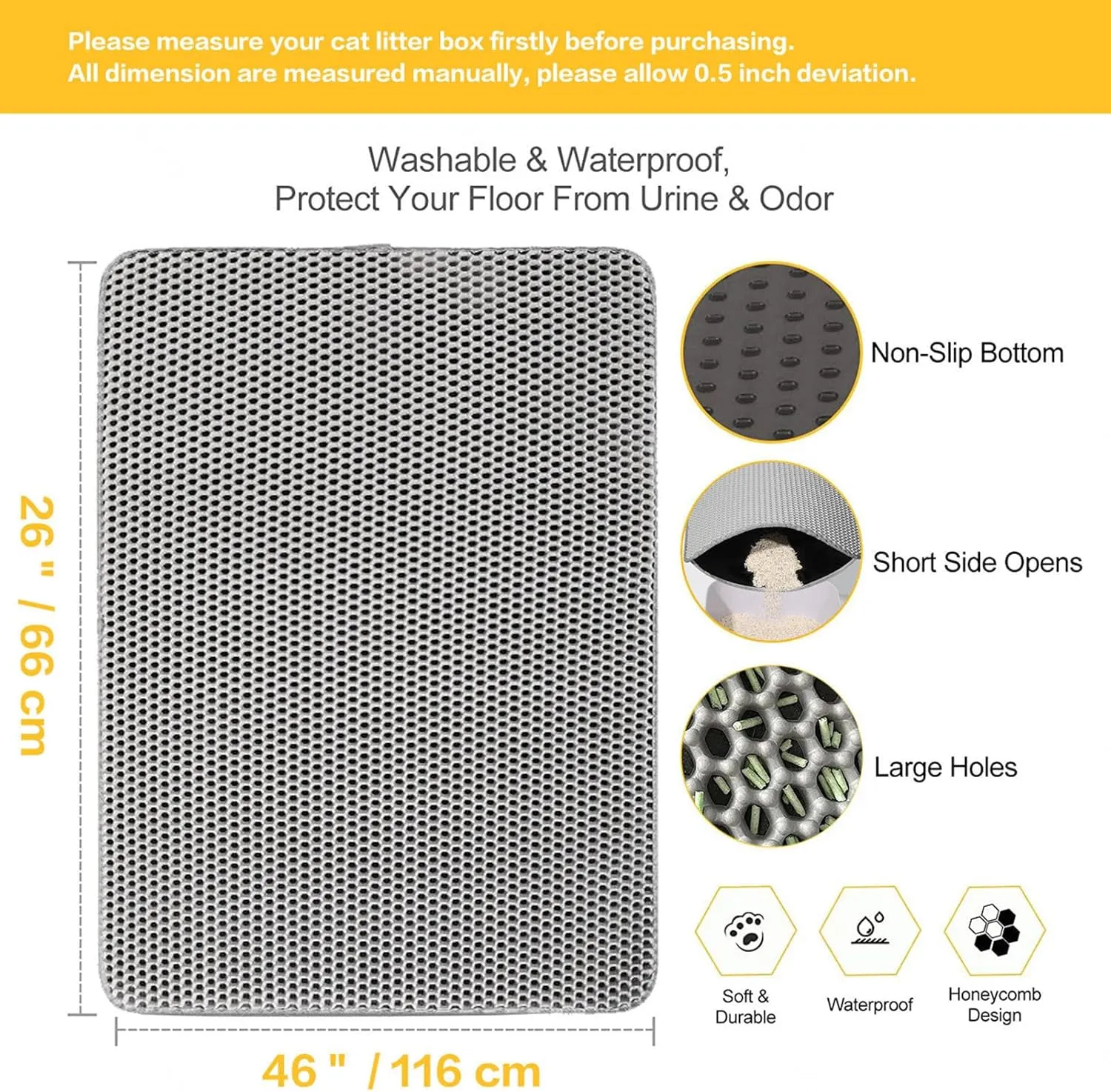 Cat Litter Mat Litter Trapping Mat, 24X35In/26X46In Double Layer Easy Clean Cat Litter Pad Cat Litter Trap Mat, Less Waste,Soft On Paws,Non-Slip,26X46In-Gray
