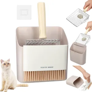 Cat Litter Scooper Kit Wooden Handle Metal Cat Litter Scoop Includes Small Broom and Dustpan Set Portable Cleaning Brush and Dustpan Combo Kitty Litter Scooper(Coarse Grid,Gray)