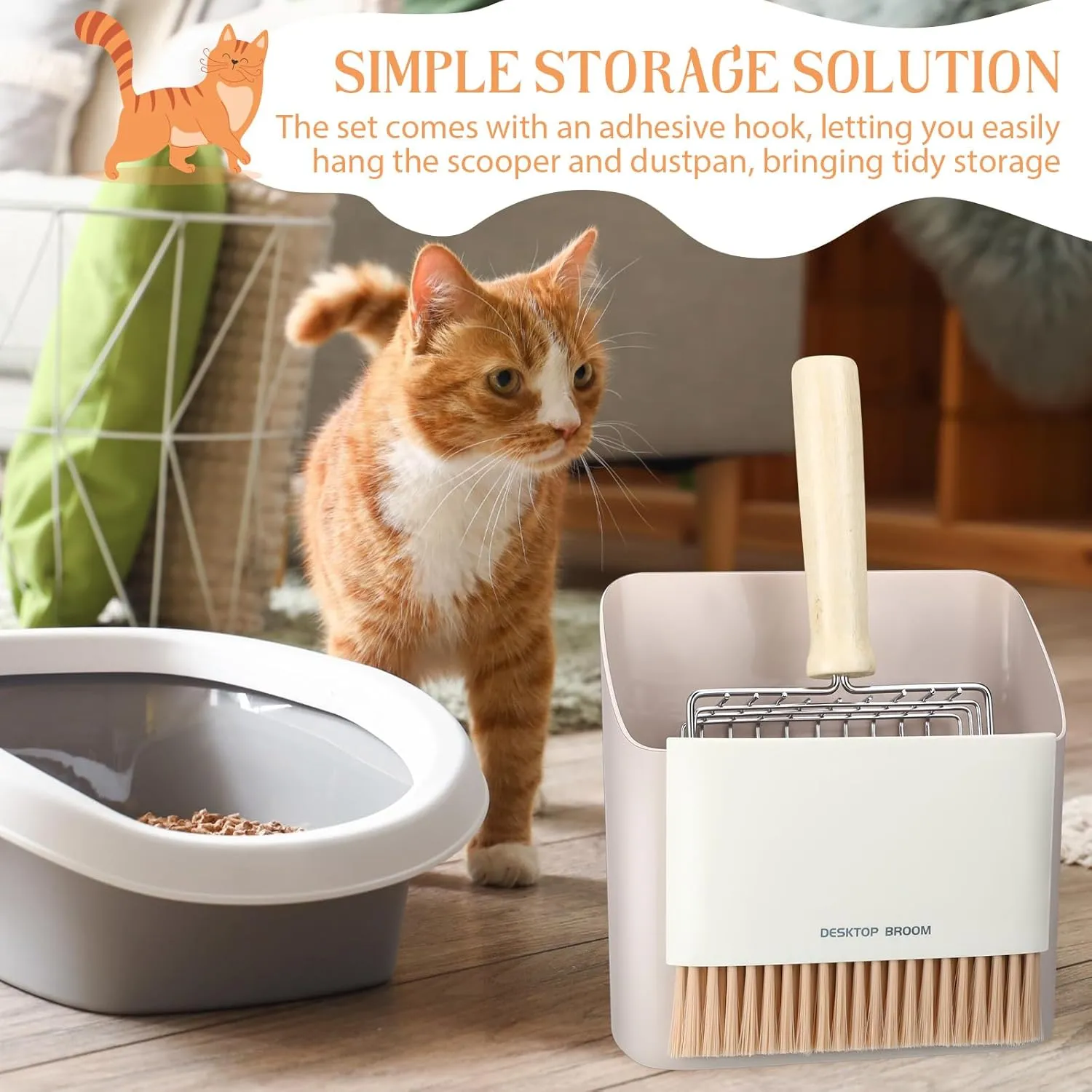 Cat Litter Scooper Kit Wooden Handle Metal Cat Litter Scoop Includes Small Broom and Dustpan Set Portable Cleaning Brush and Dustpan Combo Kitty Litter Scooper(Coarse Grid,Gray)