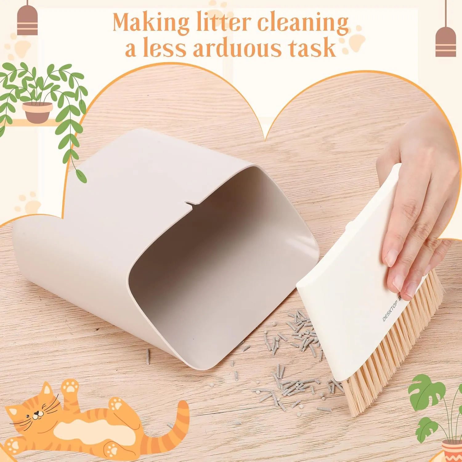 Cat Litter Scooper Kit Wooden Handle Metal Cat Litter Scoop Includes Small Broom and Dustpan Set Portable Cleaning Brush and Dustpan Combo Kitty Litter Scooper(Coarse Grid,Gray)