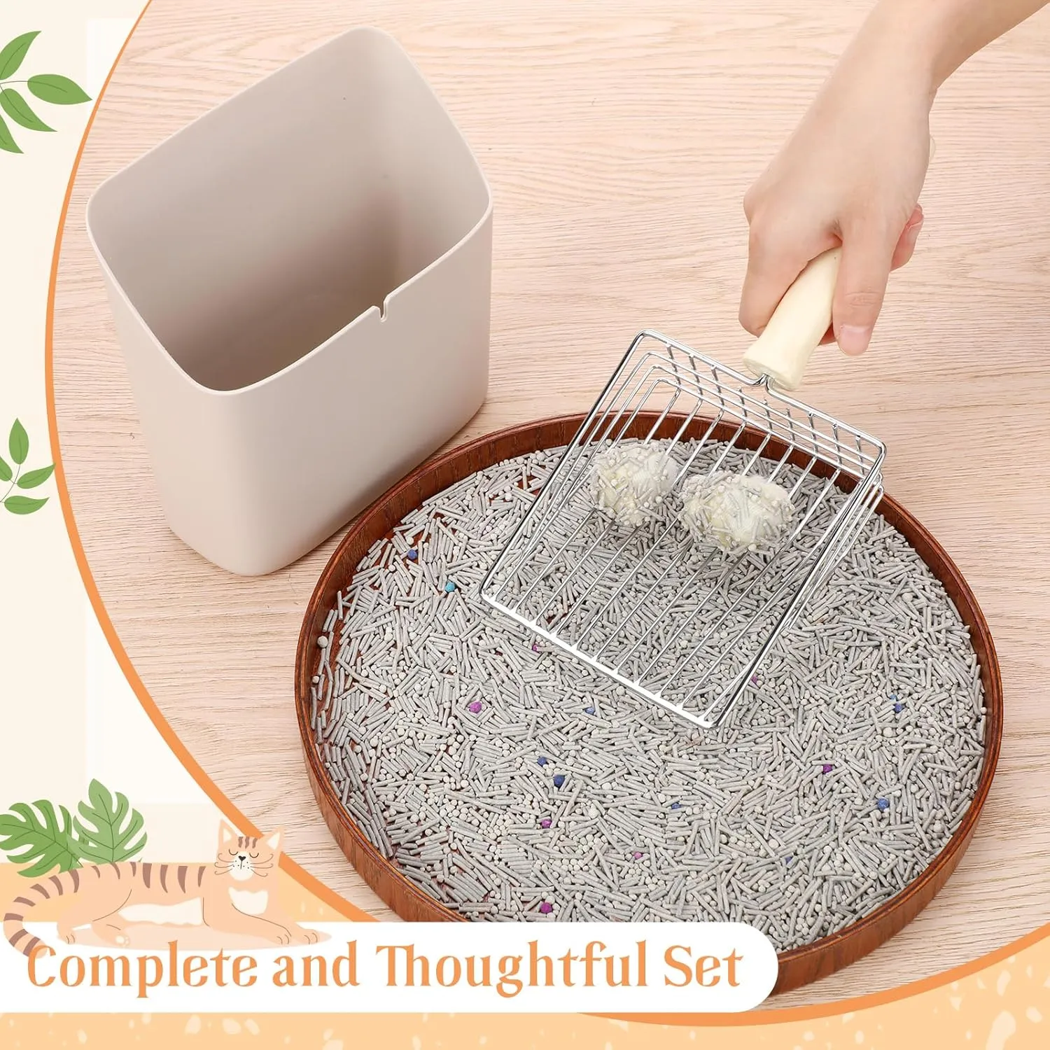 Cat Litter Scooper Kit Wooden Handle Metal Cat Litter Scoop Includes Small Broom and Dustpan Set Portable Cleaning Brush and Dustpan Combo Kitty Litter Scooper(Coarse Grid,Gray)