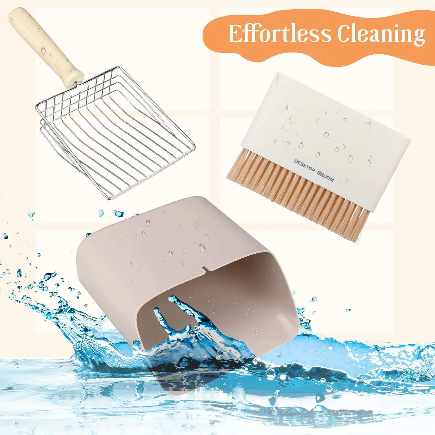 Cat Litter Scooper Kit Wooden Handle Metal Cat Litter Scoop Includes Small Broom and Dustpan Set Portable Cleaning Brush and Dustpan Combo Kitty Litter Scooper(Coarse Grid,Gray)