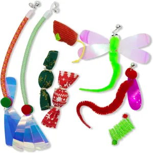 Cat Toy Box for Indoor Cats - 8 PCS in 1 Pack, Including 2 Cat Wand Replacement Toys, 2 Catnip Kicker Red/Green, 1 Mouse Toy, 1 Spring Toy, 2 Worm Cat Teaser Refills for Indoor Kittens Play