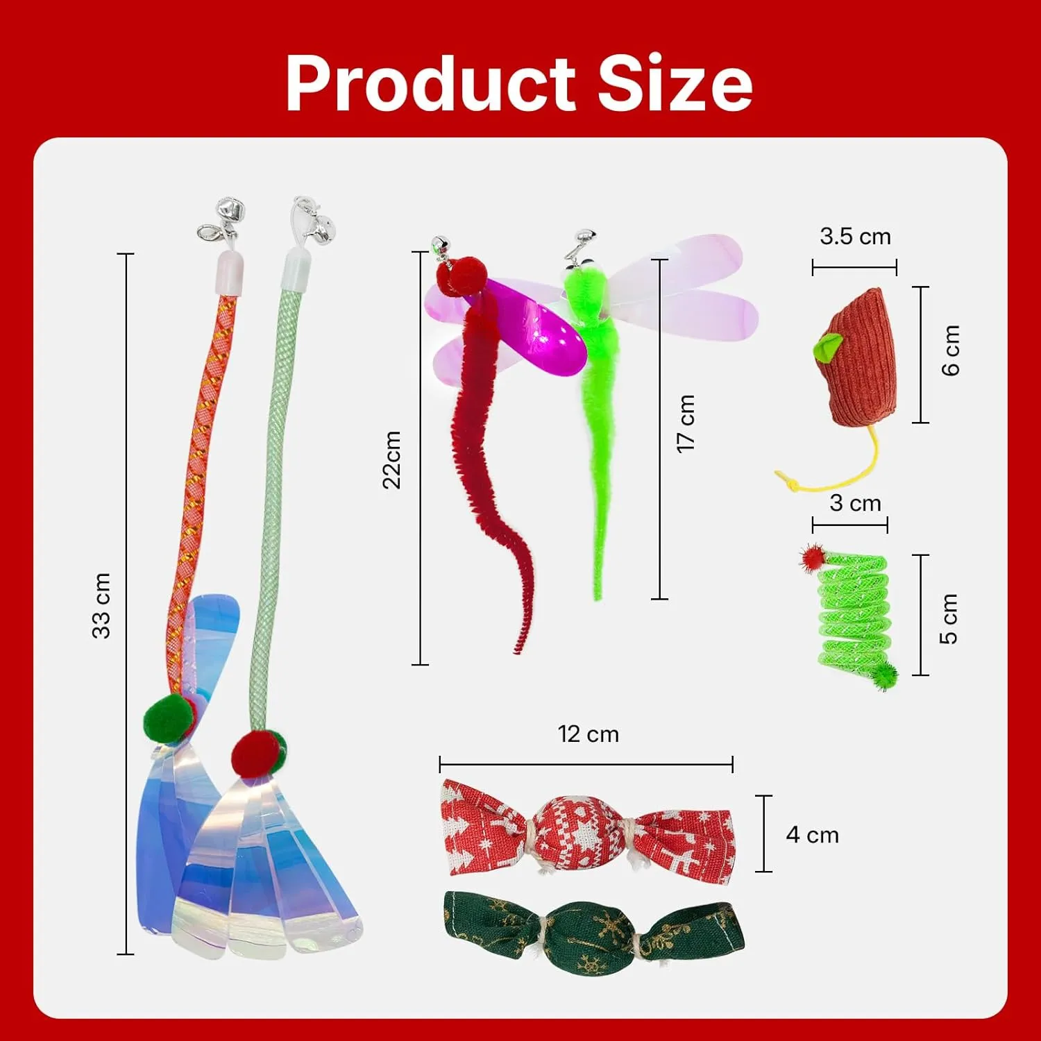 Cat Toy Box for Indoor Cats - 8 PCS in 1 Pack, Including 2 Cat Wand Replacement Toys, 2 Catnip Kicker Red/Green, 1 Mouse Toy, 1 Spring Toy, 2 Worm Cat Teaser Refills for Indoor Kittens Play