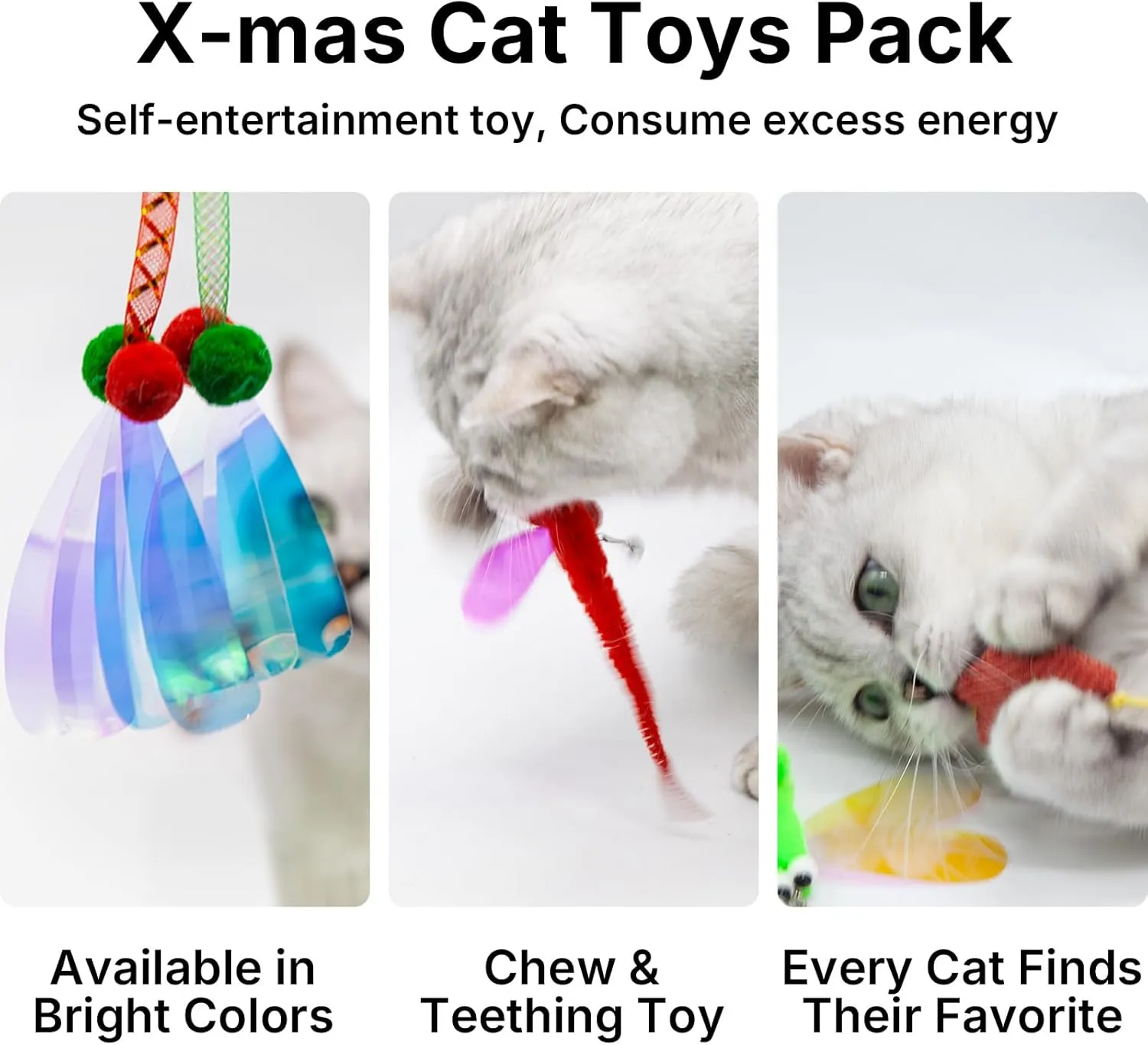 Cat Toy Box for Indoor Cats - 8 PCS in 1 Pack, Including 2 Cat Wand Replacement Toys, 2 Catnip Kicker Red/Green, 1 Mouse Toy, 1 Spring Toy, 2 Worm Cat Teaser Refills for Indoor Kittens Play