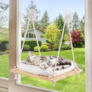 Cat Window Perch - Solid Wood Seat & Strong Suction Cups - Hanging Window Hammock with Cushion Bed for Indoor Cats & Kittens