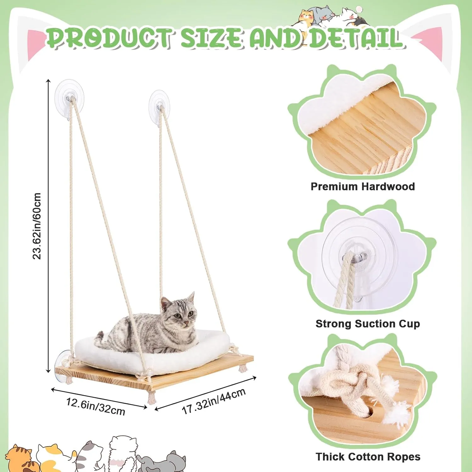 Cat Window Perch - Solid Wood Seat & Strong Suction Cups - Hanging Window Hammock with Cushion Bed for Indoor Cats & Kittens