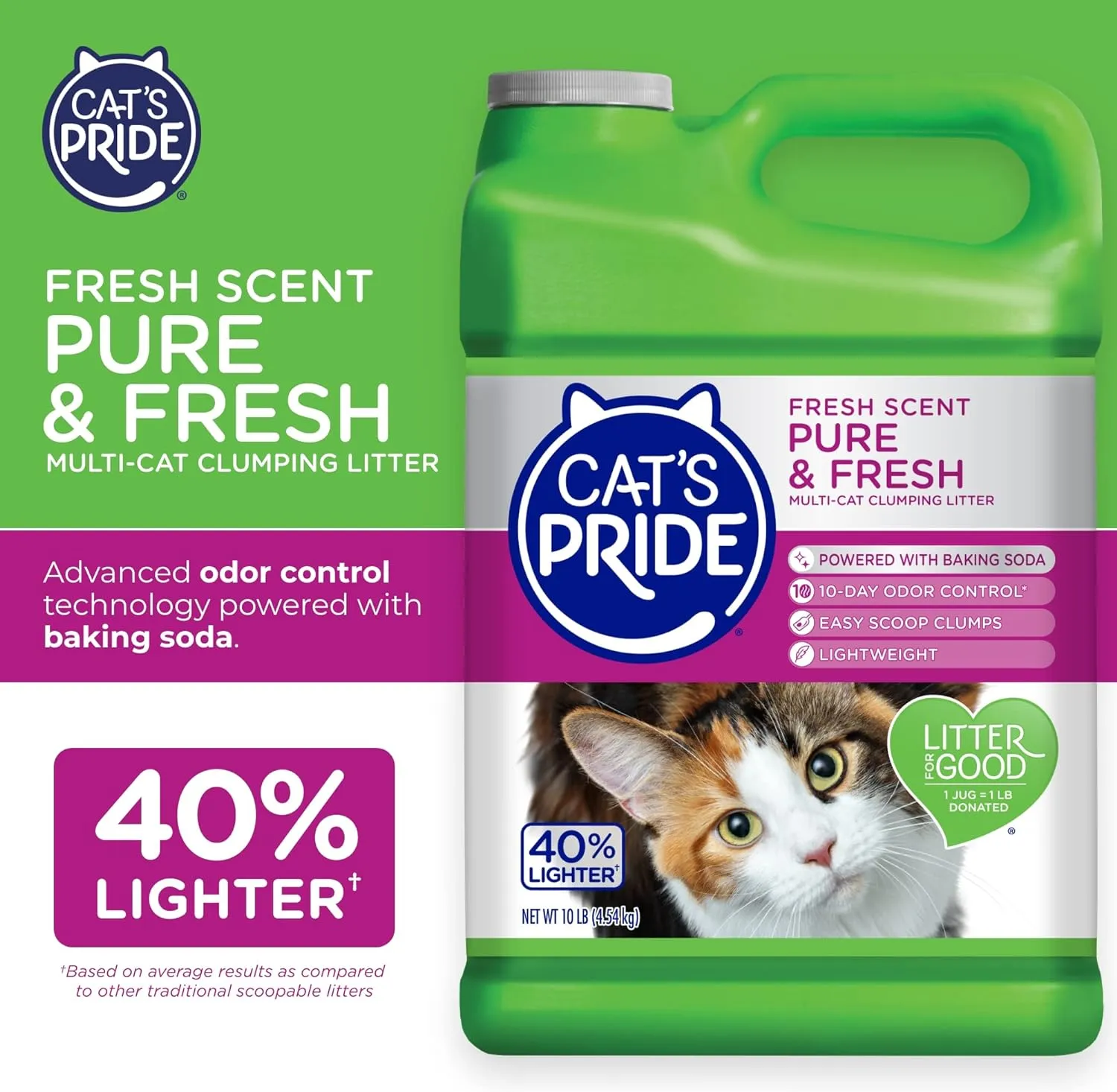 Cat's Pride Premium Lightweight Clumping Litter: Pure & Fresh - Up to 10 Days of Powerful Odor Control - Multi-Cat, Scented, 10 Pounds (Pack of 2)