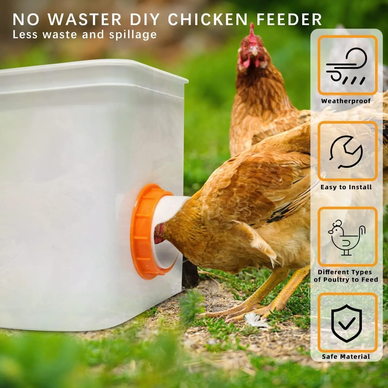 DIY Chicken Feeder No Waste 6 Ports Automatic 4 inch Poultry Feeder with 6 Pcs Stopper & 1 Drill Bit, Weatherproof Gravity Chicken Feeder Kits for Buckets, Barrels, Bins, Troughs (Orange)