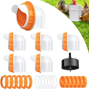 DIY Chicken Feeder No Waste 6 Ports Automatic 4 inch Poultry Feeder with 6 Pcs Stopper & 1 Drill Bit, Weatherproof Gravity Chicken Feeder Kits for Buckets, Barrels, Bins, Troughs (Orange)